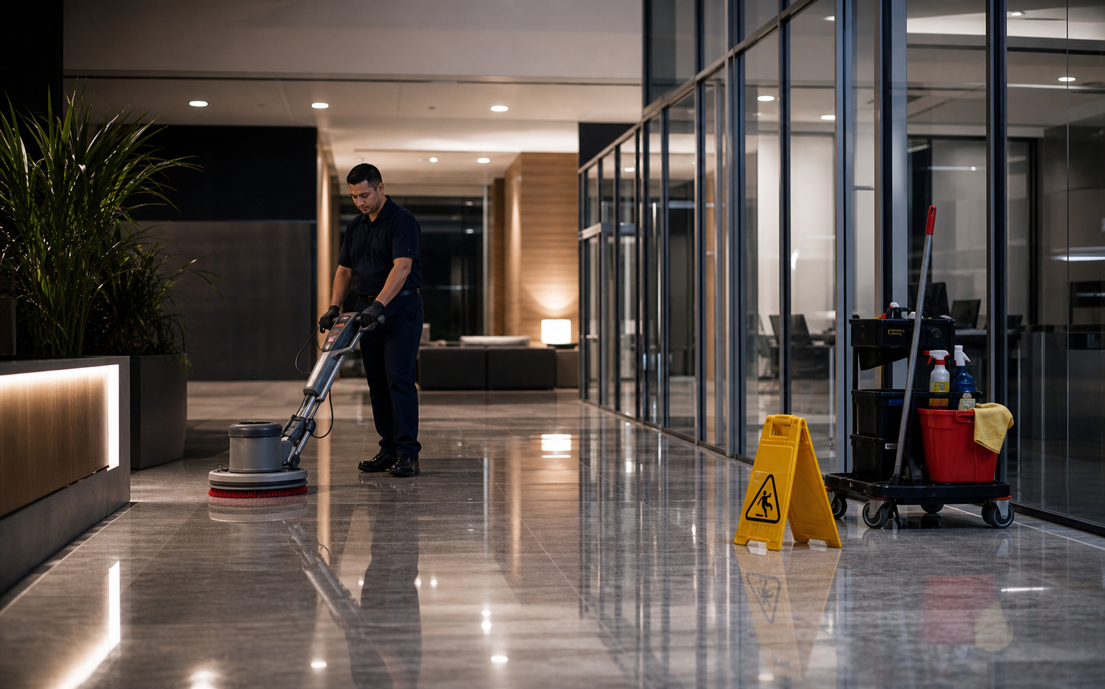 Commercial floor care technician polishing a hard-floor lobby