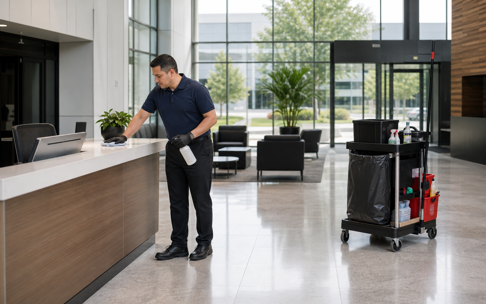 Day porter maintaining a commercial lobby during business hours