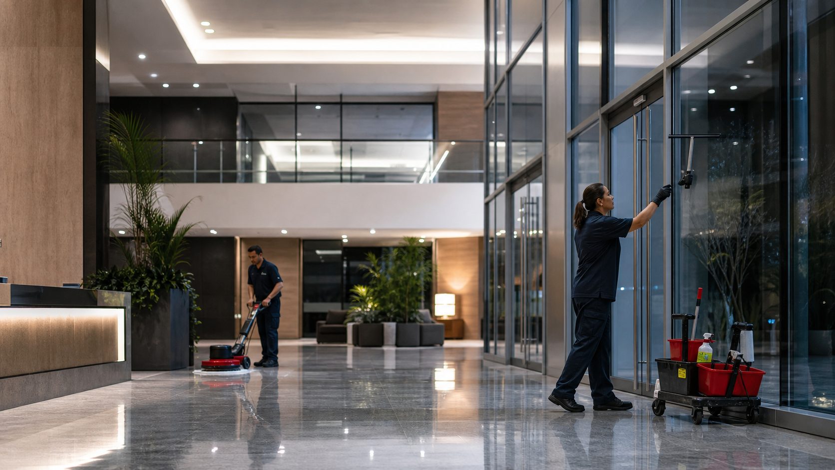 JAG commercial cleaning crew maintaining an office lobby