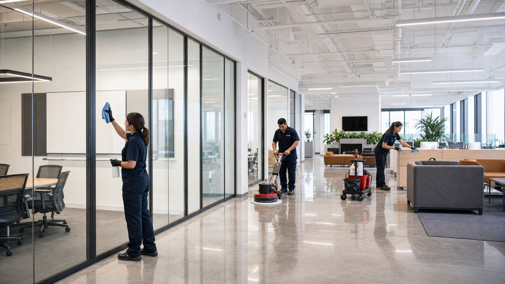 Post-construction cleaning for a commercial interior