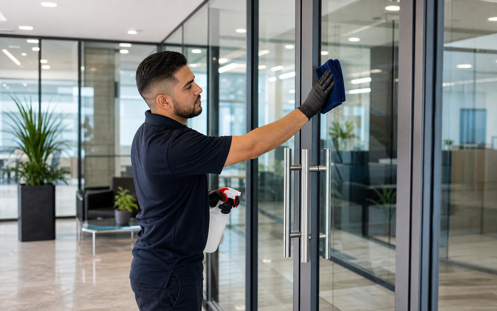 Commercial cleaner wiping interior glass and high-touch entry surfaces